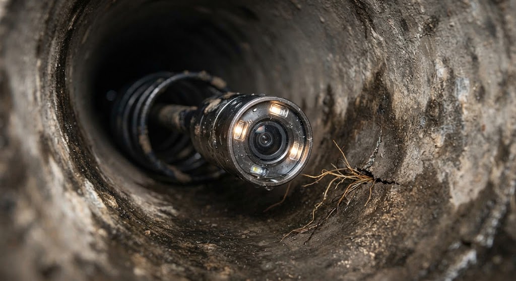 Sewer line camera inspection and leak detection in Belleville NJ showing technician viewing monitor